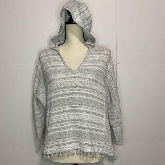Madewell Hooded Sweater Gray Striped XS Pom Pom Pullover - Picture 1 of 8